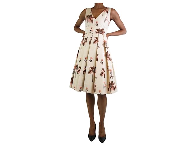 Prada Vestido midi de seda plisado con estampado floral color crema - talla UK 6 Crudo  ref.1238776