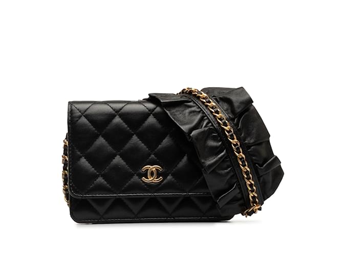 Black Chanel Lambskin Romance Wallet On Chain Crossbody Bag Leather  ref.1239005
