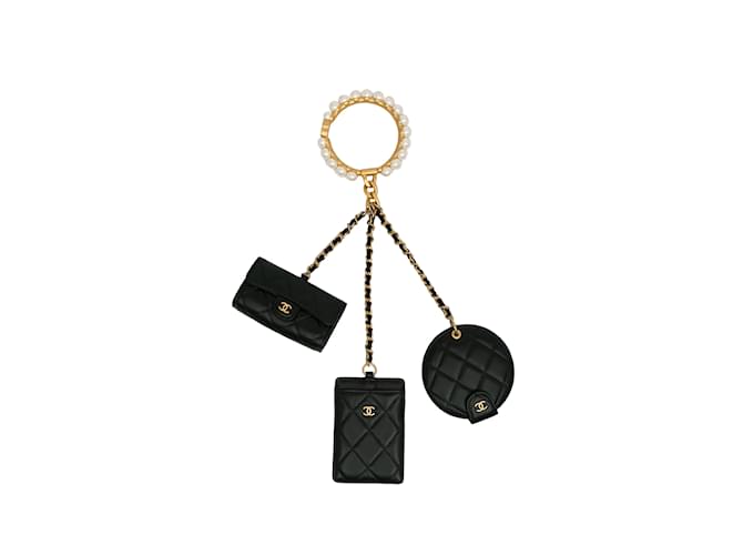 Black Chanel Pearl Crown CC Wristlet Multi Pouches Clutch Bag Leather  ref.1239006