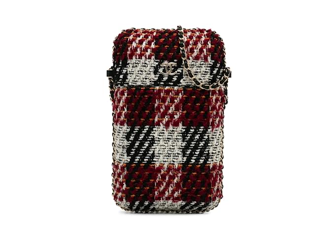 Corrente vermelha de tweed Chanel em torno da bolsa crossbody do suporte do telefone Vermelho Couro  ref.1239016