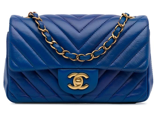 Chanel Blue Mini Chevron Quilted Lambskin Rectangular Flap Bag Leather  ref.1239145