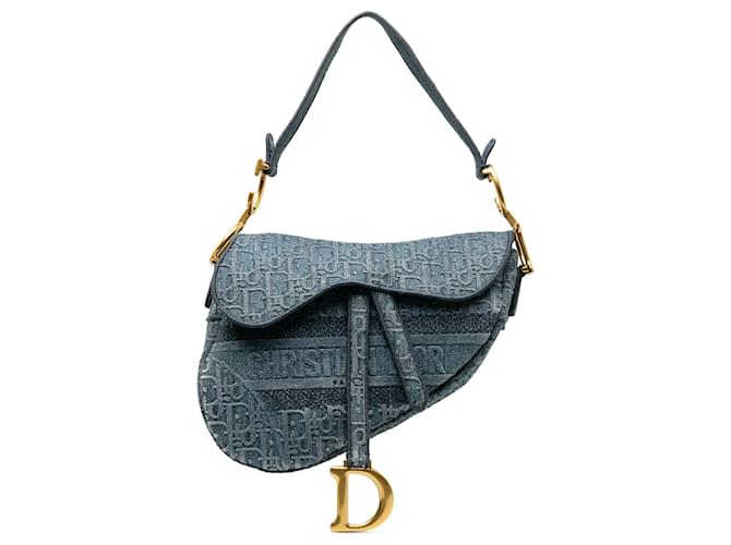 Sac Saddle en denim oblique bleu Dior Jean Tissu  ref.1239165