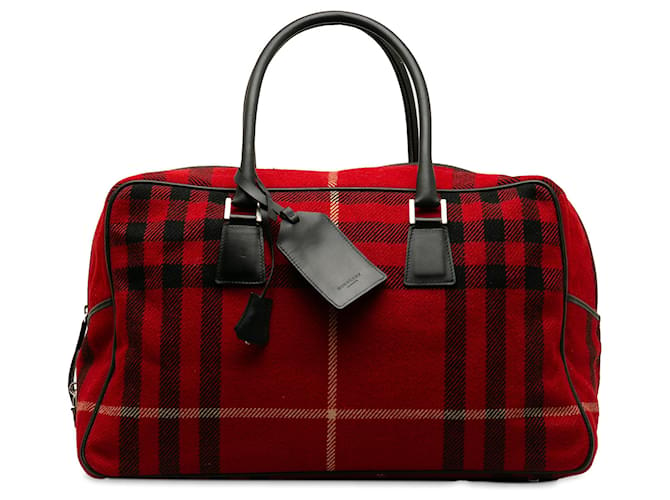 Burberry-Übernachttasche aus roter Wolle mit Hauskaromuster Schwarz Leder Kalbähnliches Kalb Tuch  ref.1239166