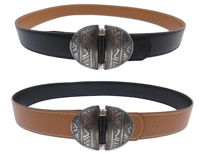 Hermès HERMES BELT WITH SILVER TOUAREG BUCKLE 925 REVERSIBLE LINK 32 75-83 BELT Black Leather  ref.1239205