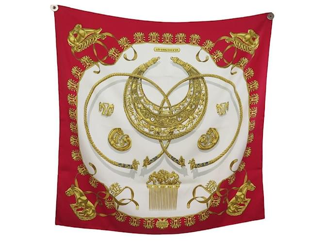 Hermès HERMES LES CAVALIERS D’OR SQUARE SCARF 90 RED SILK + SILK SCARF BOX  ref.1239207