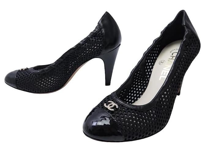 NEW CHANEL SHOES LOGO CC RESILLES PUMPS 37.5 CANVAS AND LEATHER SHOES Black  ref.1239286