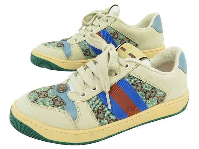 NEUF CHAUSSURES BASKETS GUCCI SCREENER CRYSTALS 677423 37.5 IT 38 FR SHOES Cuir Multicolore  ref.1239330