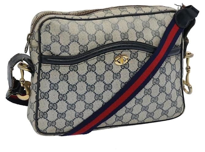 GUCCI GG Canvas Sherry Line Shoulder Bag PVC Leather Gray Red Navy Auth ti1224 Grey Navy blue  ref.1239755