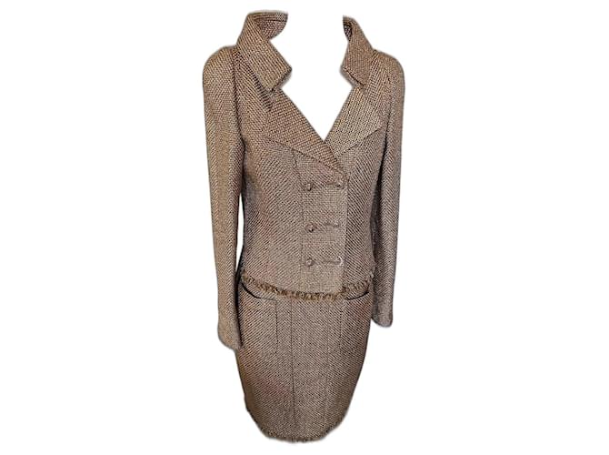 Chanel Skirt suit Golden Silk Wool Viscose Tweed  ref.1239837