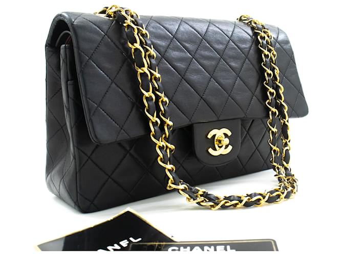 Chanel Classic gefütterte Klappe 10"Chain Shoulder Bag Black Lambskin Schwarz Leder  ref.1239897