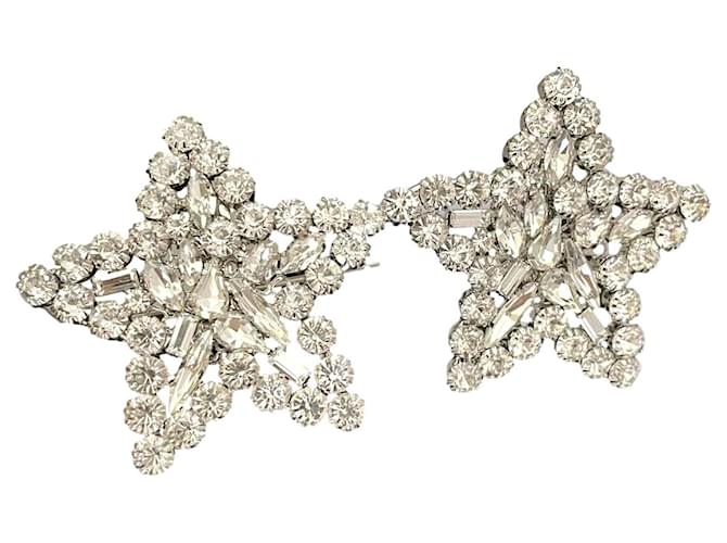Alessandra Rich Platinum Tone Crystal Embellished Star Shape Clip Earrings Silvery Metal  ref.1239956