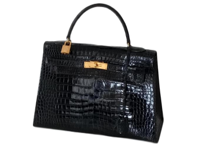 Hermès Very beautiful Hermes Kelly Bag 32 cm in crocodile notilus porosus. Black Exotic leather  ref.1240057