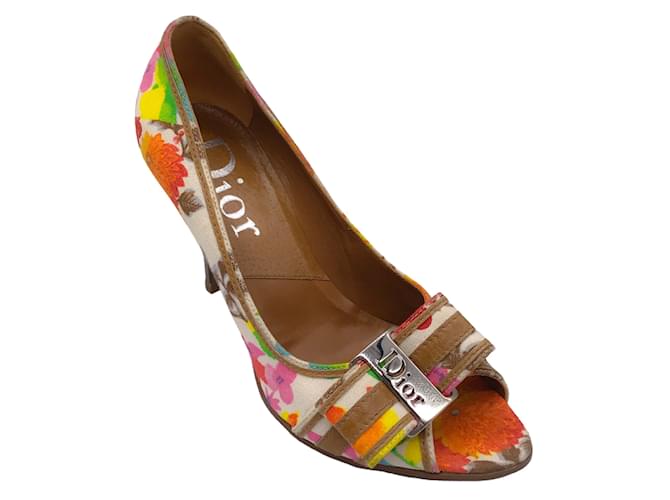 Zapatos de tacón peep toe con placa del logo y detalle de lazo con estampado floral multicolor de Christian Dior Lienzo  ref.1240242