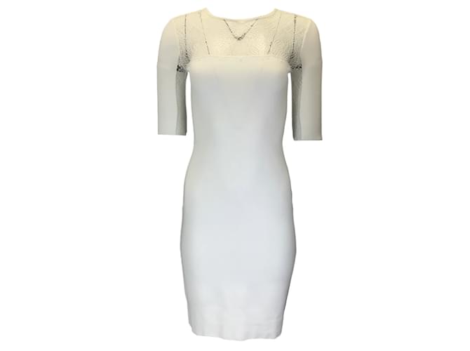 Emanuel Ungaro White Sheer Panel Lace Detail Short Sleeved Knit Dress Viscose  ref.1240248