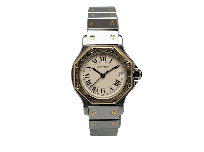 Silver Cartier Automatic 18K Gold and Stainless Steel Santos Octagon Watch Silvery  ref.1240337