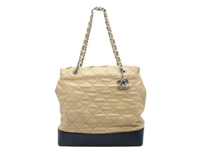 Chanel Light Brown and Black Quilted Tote Bag in Silver Hardware Leather  ref.1240579
