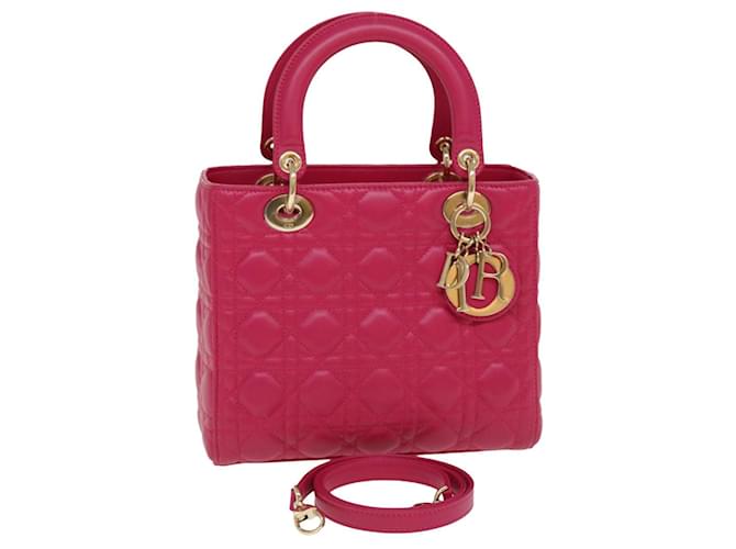 Bolsa de mão Christian Dior Lady Dior pele de cordeiro 2maneira Pink Auth 28644 Rosa Couro  ref.1240600