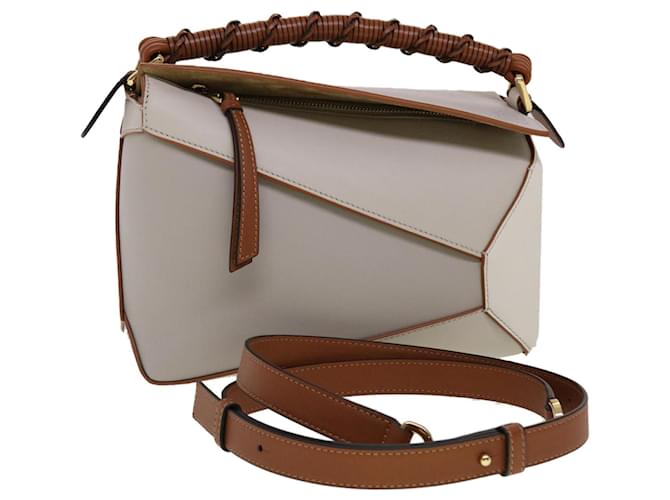 LOEWE Small Puzzle Edge Shoulder Bag calf leather 2way Taupe off white Auth 45050A  ref.1240631