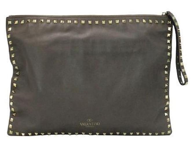 Valentino Brown Leather Large Rockstud Clutch  ref.1240640
