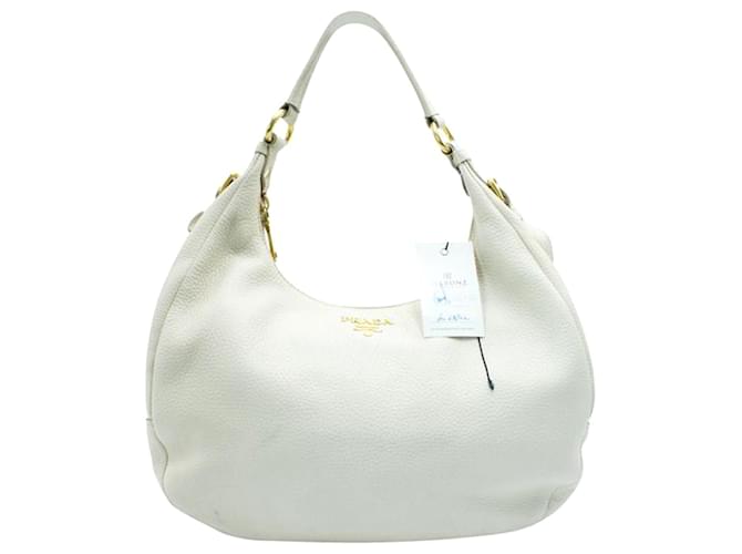 Prada Ivoire/Sac Hobo en Cuir Grainé Crème Blanc Écru  ref.1240644