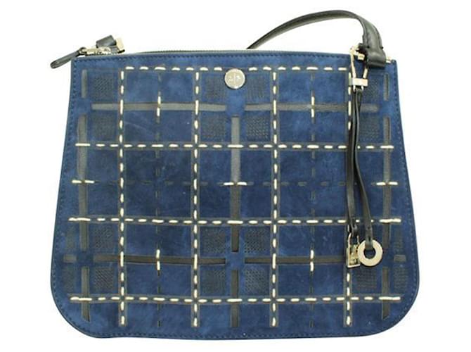Loro Piana Leather and Suede Dark Blue Checked Shoulder Bag Navy blue  ref.1240779