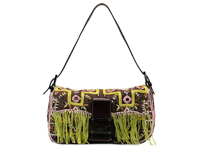 Fendi Brown Embroidered Beaded Baguette Dark brown Leather Cloth Pony-style calfskin Cloth  ref.1240939