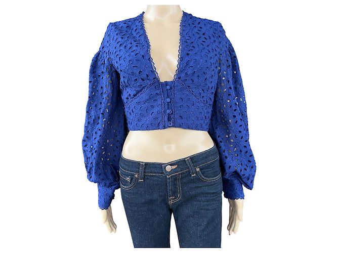 Karen Millen Top de algodón bordado con mangas voluminosas azul