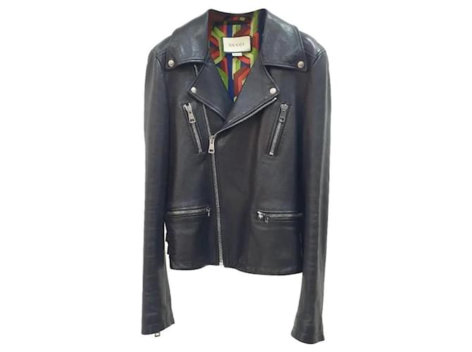 GUCCI Veste en cuir bomber à tige en cristal brodée noire  ref.1241032