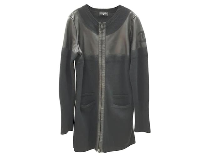 Chanel 2012 Wool & Leather Sweater Dress Coat Black  ref.1241034