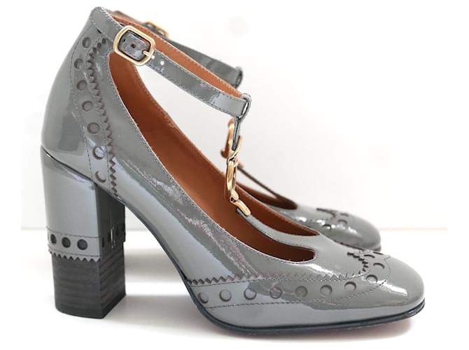 Chloé Chloe Perry T-bar pumps Grey Patent leather  ref.1242026