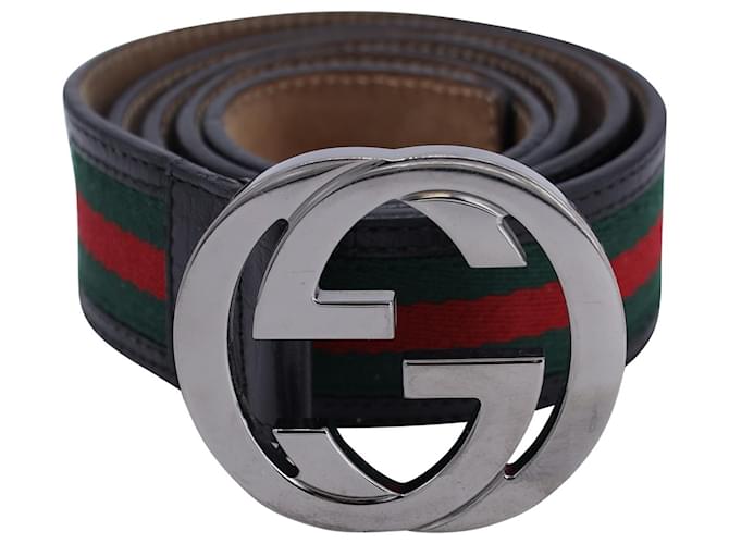 Cintura Gucci con fibbia GG a righe in tela e pelle multicolor Multicolore Vitello simile a un vitello  ref.1242289