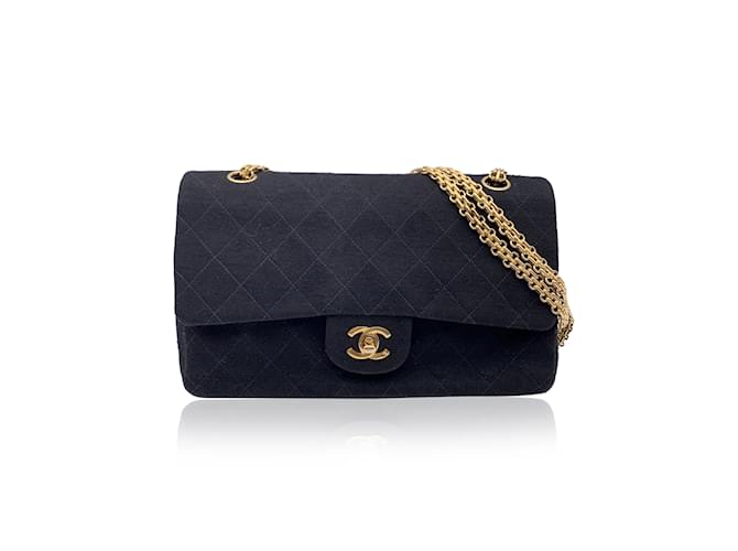 Chanel Gefütterte Klappe aus schwarzem Vintage-Jersey 2.55 Tasche Mademoiselle Kette Leinwand  ref.1242319