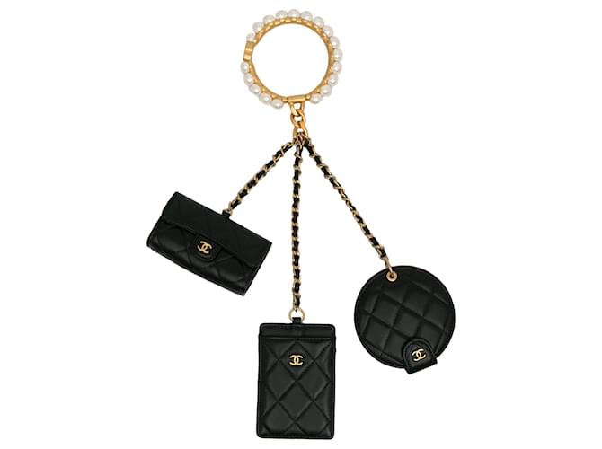 Chanel Black Pearl Crown CC Wristlet Multi Pouches Leather  ref.1242576