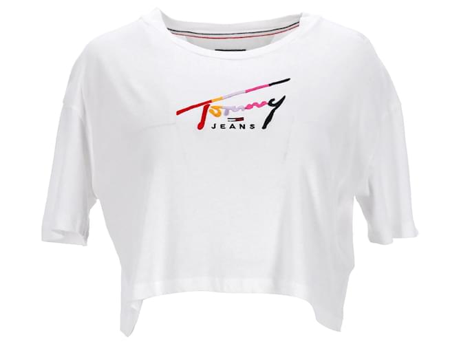 Tommy Hilfiger Womens Cropped Signature Logo T Shirt White Cotton  ref.1242611