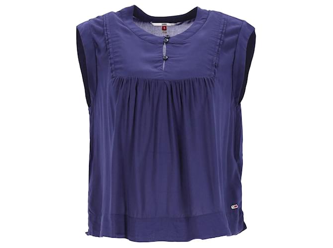 Tommy Hilfiger Womens Pleated Front Sleeveless Blouse Navy blue Viscose Cellulose fibre  ref.1242614