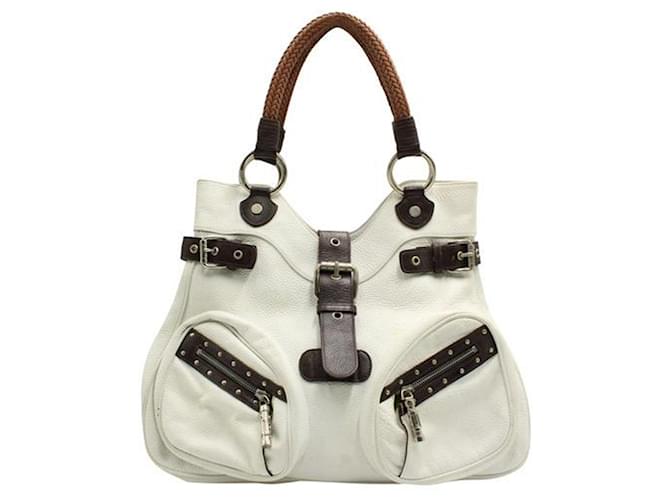 Versace White with Brown Trim Shoulder Bag Leather  ref.1242694