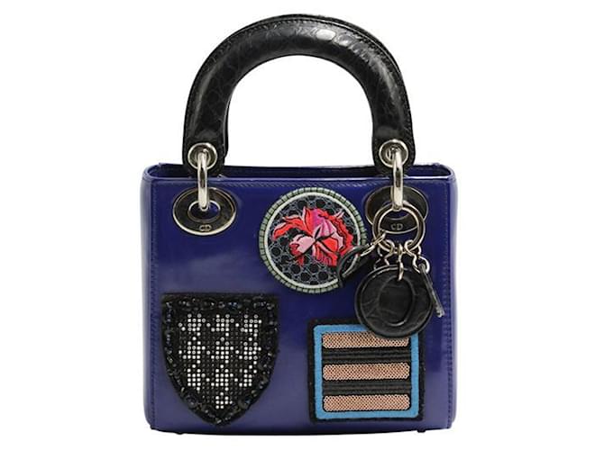 Mini Lady Dior Tasche mit gestickten Abzeichen - Limited Edition SS2014 Blau Leder  ref.1242754