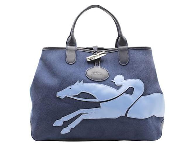 Longchamp Bolsa de lona reversível Roseau Fleuri Azul Couro  ref.1242757