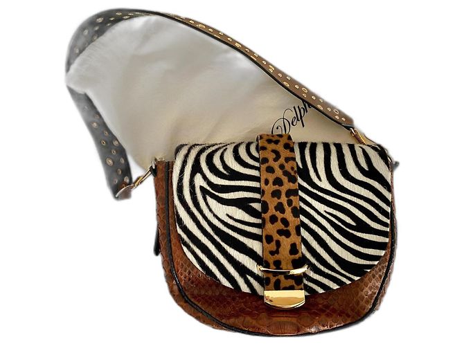 Bolso Delphine Delafon Patchwork de Piel Marrón Cocodrilo Cebra Leopardo