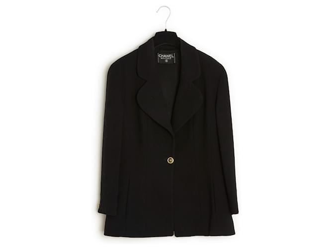 Ensemble veste Chanel noire classique en laine des années 80, taille FR40 US10  ref.1243122