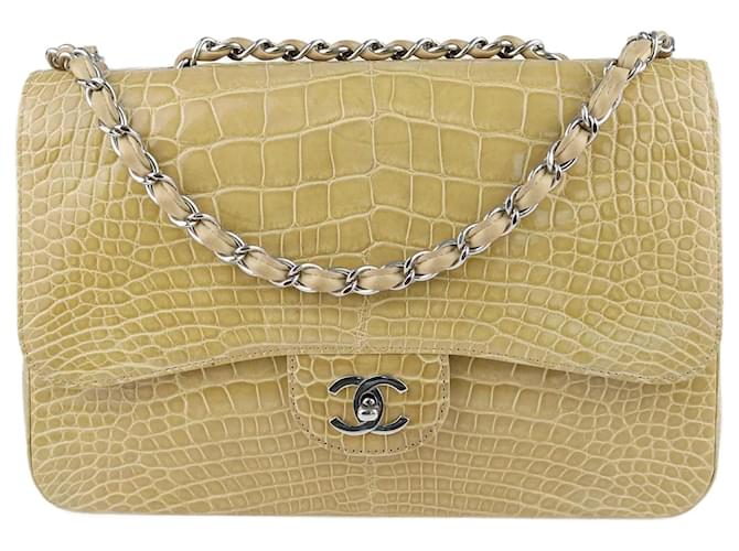 Chanel Bolsa Jumbo Clássica Bege com Aba Única Couros exóticos  ref.1243227