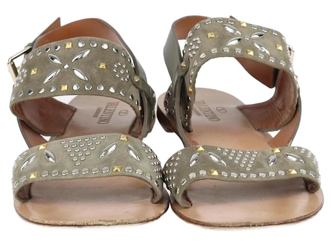 Valentino Green/Brown Embellished Flat Sandals Leather  ref.1243274