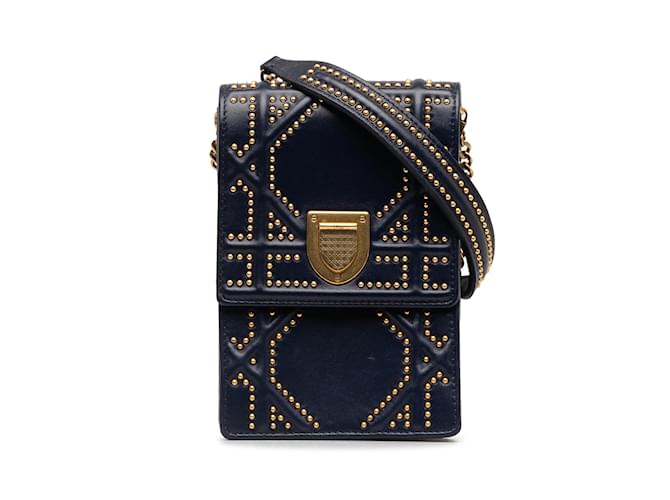 Blue Dior Studded Diorama Vertical Clutch Crossbody Bag Leather  ref.1243287