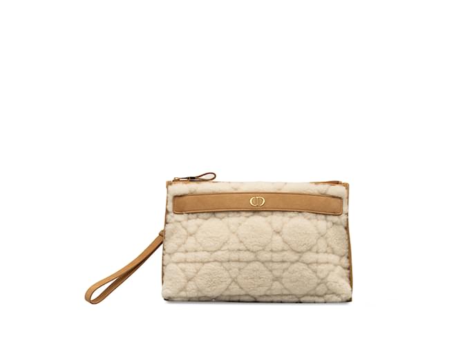 Beige Dior Large Shearling Caro Pouch Clutch Bag Leather  ref.1243307