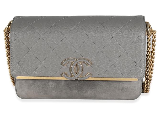 Timeless Chanel Grey Quilted Caviar Suede Coco Flap Bag Leather  ref.1243368