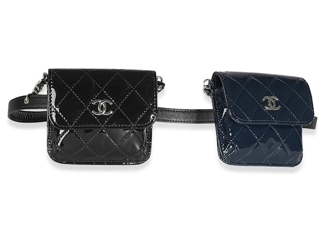 Chanel Mini bolsa de cintura com corrente preta acolchoada patente CC forrada com corrente Preto Azul Couro  ref.1243399