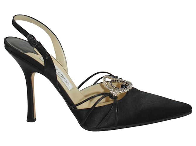 Zapatos de tacón con tira trasera y adornos de cristal Jimmy Choo en satén negro  ref.1244030