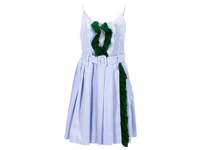 Prada Ruffled Striped Mini Dress in Light Blue Cotton  ref.1244051
