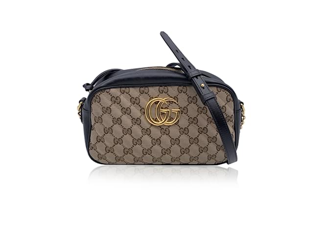 Gucci Beigefarbene, kleine GG Marmont Umhängetasche mit umlaufendem Reißverschluss und Monogramm Leinwand  ref.1244054