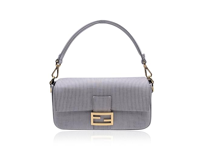 Fendi Bolso de hombro Bretagna Baguette de algodón a rayas gris claro  ref.1244059